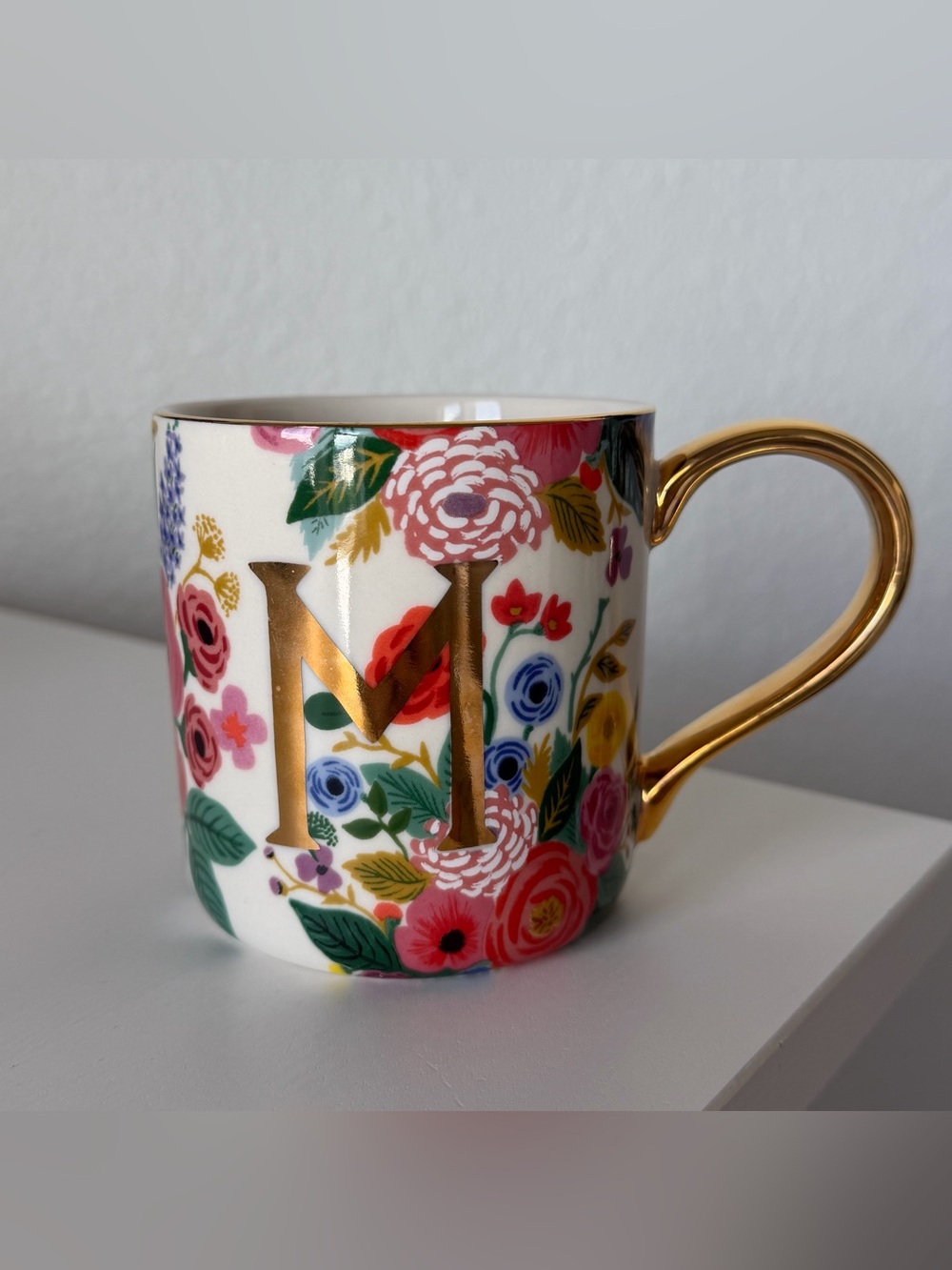 Anthropologie x Rifle Paper Co Garden Party Monogram “M” Floral Gold Handle Mug